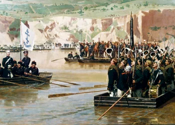 Die Russen überqueren die Donau bei Svishtov im Juni 1877