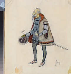 Kostümentwurf, der geizige Baron, für das Theaterstück "Der geizige Ritter" von A. Puschkin