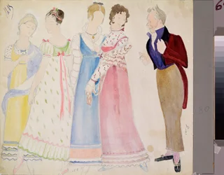 Vorbereitende Kostümentwürfe, ein Mann und vier junge Frauen, für die Oper "Eugen Onegin" von Pjotr Tschaikowski (1840-1893) - Nikolai Pawlowitsch Uljanow (Oulianov) (1875-1949)