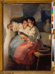 Wahrsagung am Heiligabend (Zwei junge Mädchen werfen im Licht einer Kerze Schatten auf eine Wand) - Nikolai Kornilowitsch Pimonenko (1862-1912)