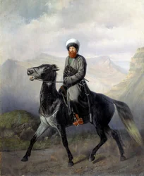Reiterporträt von Schamil (Imam Schamil, Shamil) (1797-1871), Anführer der muslimischen Stämme des Nordkaukasus