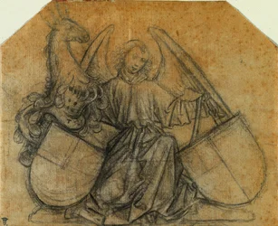 Ein Engel, der zwei Wappenschilde stützt, um 1470