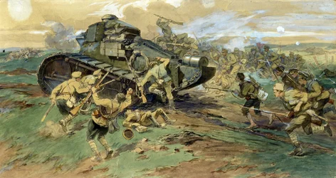 Die Eroberung eines Panzers auf der Krim. Schlachtszene während des russischen Bürgerkriegs (1917-1923), zwischen der Weißen Armee und den Roten Garden. Werk von Nikolai Semyonovich Samokish (1860-1944), Aquarell auf Papier