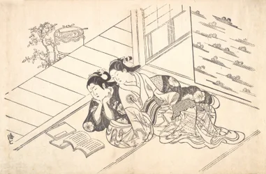Zwei Frauen, die auf dem Boden eines Zimmers liegen und ein Buch lesen, ca. 1730