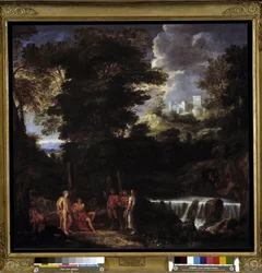 Marsyas spielt Flöte vor Apollo und Midas. Der Satyr trotzt dem Gott Apollo, König der Lyra, vor König Midas und den Musen