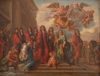 Die Schöffen von Paris verlassen das Hôtel de Ville nach Notre Dame, um nach dem Sieg von Seneffe im Jahr 1674 zu danken, ca. 1681 (Öl auf Leinwand)