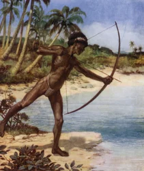 Einheimischer Bogenschütze beim Fischen, Britische Salomonen (Farblithografie)