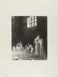 Im Schatten sind Menschen, die weinen und beten, umgeben von anderen, die sie ermahnen, Tafel 6 von 24