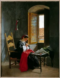 Risorgimento: Frau, die eine italienische Flagge näht am 26.04.1859