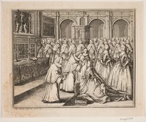 Bischof Hersleb salbt Königin Louise in der Schlosskirche von Frederiksborg. Illustration zur Salbungsakte Frederiks IV.