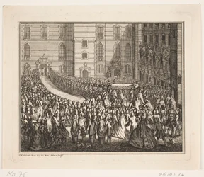 König Frederik V. in der Prozession zur Salbungsfeier in der Schlosskirche von Frederiksborg. Illustration zur Salbungsakte Frederiks IV.