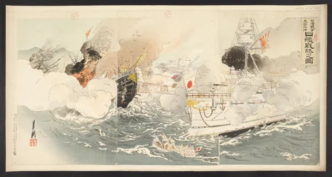 Ein japanisches Kriegsschiff siegt in der Schlacht vor dem Dagu-Berg während des Chinesisch-Japanischen Krieges, aus 