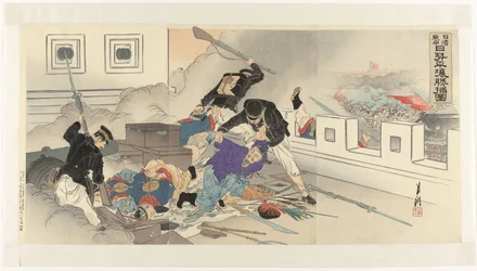 Bild des Chinesisch-Japanischen Krieges in Pjöngjang Nisshin sensō Nissei Heijō shōho zu (Titel auf Objekt)