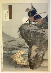 Mori Tahei auf Tigerjagd, aus Gekkōs Vermischten Zeichnungen
