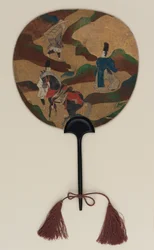 Fächer; auf der einen Seite Narihira und der Pilger; auf der anderen Chrysanthemen und ein Bach, Edo-Periode, spätes 17. - frühes 18. Jahrhundert