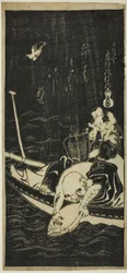 Hotei und zwei Kinder auf einem Boot