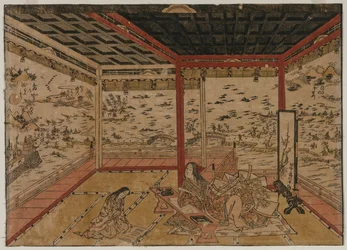 Lady Murasaki in Ishiyama mit Blick auf ein Panorama mit sieben Ansichten des Biwa-Sees, 1740er Jahre