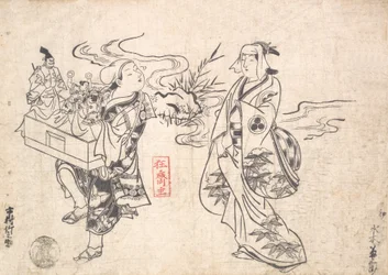 Mizuki Kikusaburo als Frau, die in der Nähe eines kleinen Baches steht und einen Wanderer betrachtet, wahrscheinlich 1709