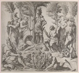 Allegorische Komposition mit sechs olympischen Göttern, die sich um eine Figur in Rüstung versammeln, 1615-35