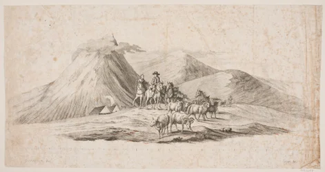 Isländische Landschaft mit Schafen und Reitern