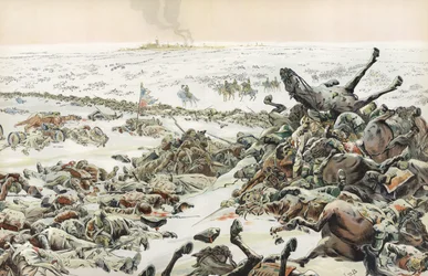 Napoleon beobachtet das Gemetzel in der unentschiedenen Schlacht bei Eylau, Februar 1807
