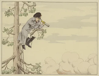 Napoleon beobachtet die Schlacht von Aspern-Essling von der Spitze eines Baumes auf der Insel Lobau, 22. Mai 1809