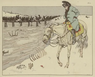 Napoleon beobachtet die Überquerung des Flusses Beresina durch die Reste seiner Großen Armee auf dem Rückzug aus Moskau, 1812