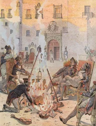 Napoleon beobachtet einige seiner Truppen, die sich in Burgos entspannen