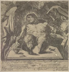 Beweinung Christi durch die drei Marien, ein Salbgefäß auf dem Tisch, 1615