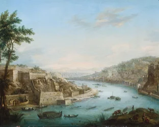 Ansicht einer Stadt an einem Fluss mit Schiffen