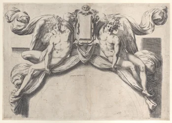 Zwei Engel, die eine Kartusche oder ein Schild stützen, 1568-77