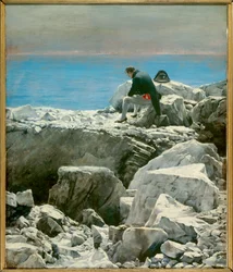 Es ist vorbei, Napoleon I. auf St. Helena (1769-1821). Der Kaiser im Exil ist in melancholischer Haltung allein auf einem Felsen der Insel St. Helena dargestellt. 19. Jahrhundert. Maße: 0,76 x 0,67 m. Malmaison, Musée du Château