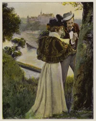 Paar ritzt ihre Initialen in die Rinde eines Baumes (Farblitho)