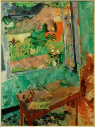 Atelier mit Fensterausblick auf Haus und Brücke, Levanto