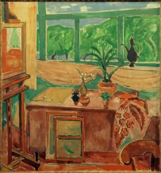 Atelierstilleben mit Iris und mehrteiligem Fenster