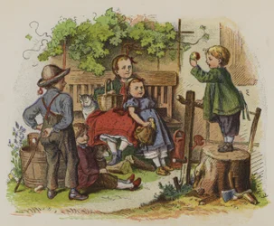 Gruppe von Kindern, die im Freien spielen (Farblithografie)