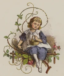 Kleines Mädchen sitzt und hält einen Korb (Farblithografie)