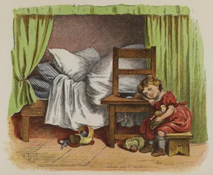 Kleines Mädchen sitzt neben ihrem Bett (Farblithografie)