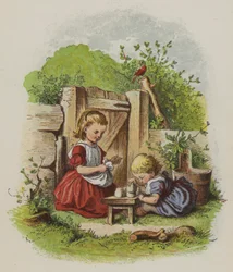 Zwei kleine Mädchen spielen im Garten (Farblithografie)