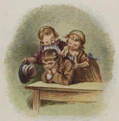 Zwei kleine Mädchen versuchen, einen mürrischen Jungen aufzuheitern (Farblithografie)
