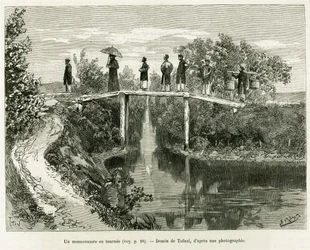 Ein Missionar auf Reisen. Gravur von Tofani zur Illustration der Geschichte Trente mois au Tonkin, 1884, von Dr. Paul Hocquard, in Le Tour du monde 1890, unter der Leitung von Edouard Charton (1807-1890), Hachette, Paris.