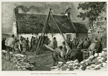 Räumungsszene. Gravur von Tofani zur Illustration der Geschichte Trois mois en Irlande, 1889, von Marie Anne de Bovet, in Le Tour du monde 1890, unter der Leitung von Edouard Charton (1807-1890), Hachette, Paris.