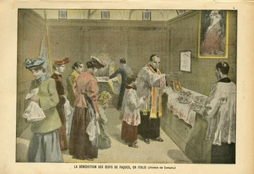 Illustration von Oswaldo Tofani (1849-1915) in Le Pelerin, 03/04/04 - Die Segnung der Ostereier in Italien - Italien, Religion Glaube, Ostern, Katholizismus - Ei