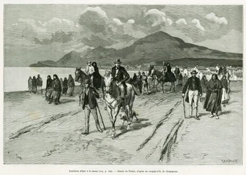 Inselbewohner auf dem Weg zur Messe. Gravur von Tofani zur Illustration der Geschichte „Drei Monate in Irland“ von Marie Anne de Bovet, veröffentlicht in Le Tour du monde 1890