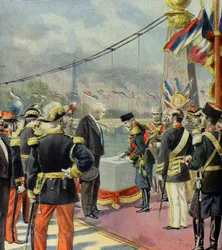 Nicolas II. legt den Grundstein der Alexandre-III-Brücke, in Anwesenheit von Felix Faure, Paris 1896 (Gravur)