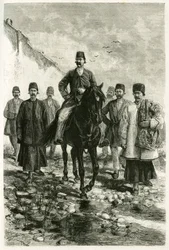 Der Gouverneur von Kachan (oder Kaschan, in der Provinz Teheran im heutigen Iran) reitet auf einem schwarzen Pferd, und sein Gefolge geht zu Fuß. Stich von Tofani nach einer Fotografie zur Illustration des Berichts 