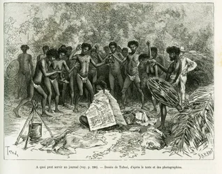 Wofür kann eine Zeitung verwendet werden? Gravur von Tofani zur Illustration der Geschichte Chez les cannibales, Voyage dans le nord-est de l