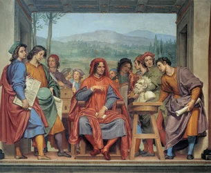 Lorenzo de Medici (1449 - 1492) (Lorenzo der Prächtige: Lorenzo il Magnifico) sitzt in der Mitte der Künstler, Fresko von Ottavio Vannini (1585-1643) - Museo degli Argenti, Florenz