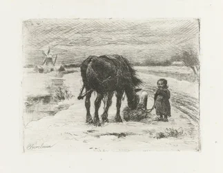 Schneelandschaft mit Kind und Pferd