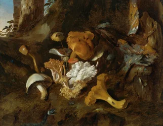 Waldboden-Stillleben mit Pilzen, Schmetterlingen und einer Schlange